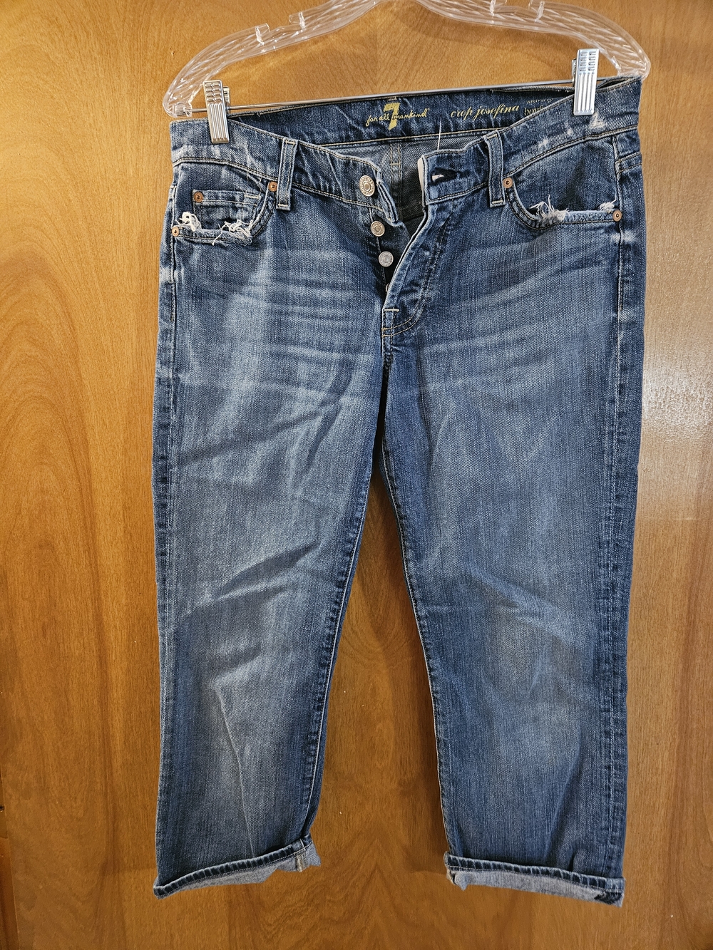 7 For All Mankind Distressed Crop Josephina Denim Jeans in Blue Skinny Boyfriend
